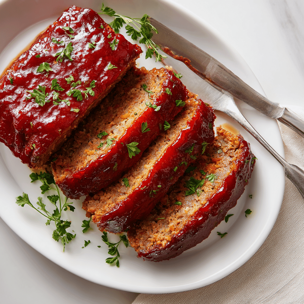 Cajun Meatloaf Recipe – Bold, Juicy, and Packed with Southern Flavor 6 Cajun meatloaf slices with glaze on a white plate in soft light