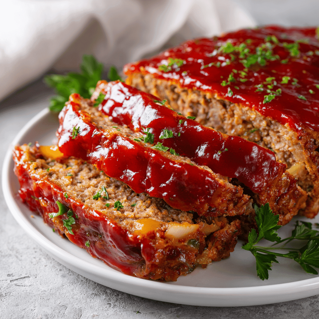 Cajun Meatloaf Recipe – Bold, Juicy, and Packed with Southern Flavor 3 Juicy Cajun meatloaf slices with peppers and glaze on white plate