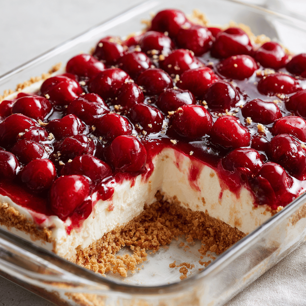 Cherry Yum Yum – Sweet Layers for a Crowd-Pleasing Dessert 6 Cherry Yum Yum in a glass dish with one slice removed showing perfect layers