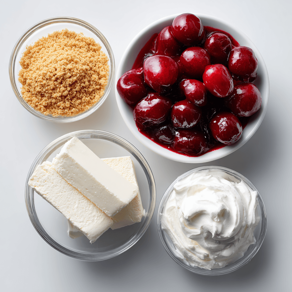 Cherry Yum Yum – Sweet Layers for a Crowd-Pleasing Dessert 4 overhead view of Cherry Yum Yum ingredients in glass bowls on white background