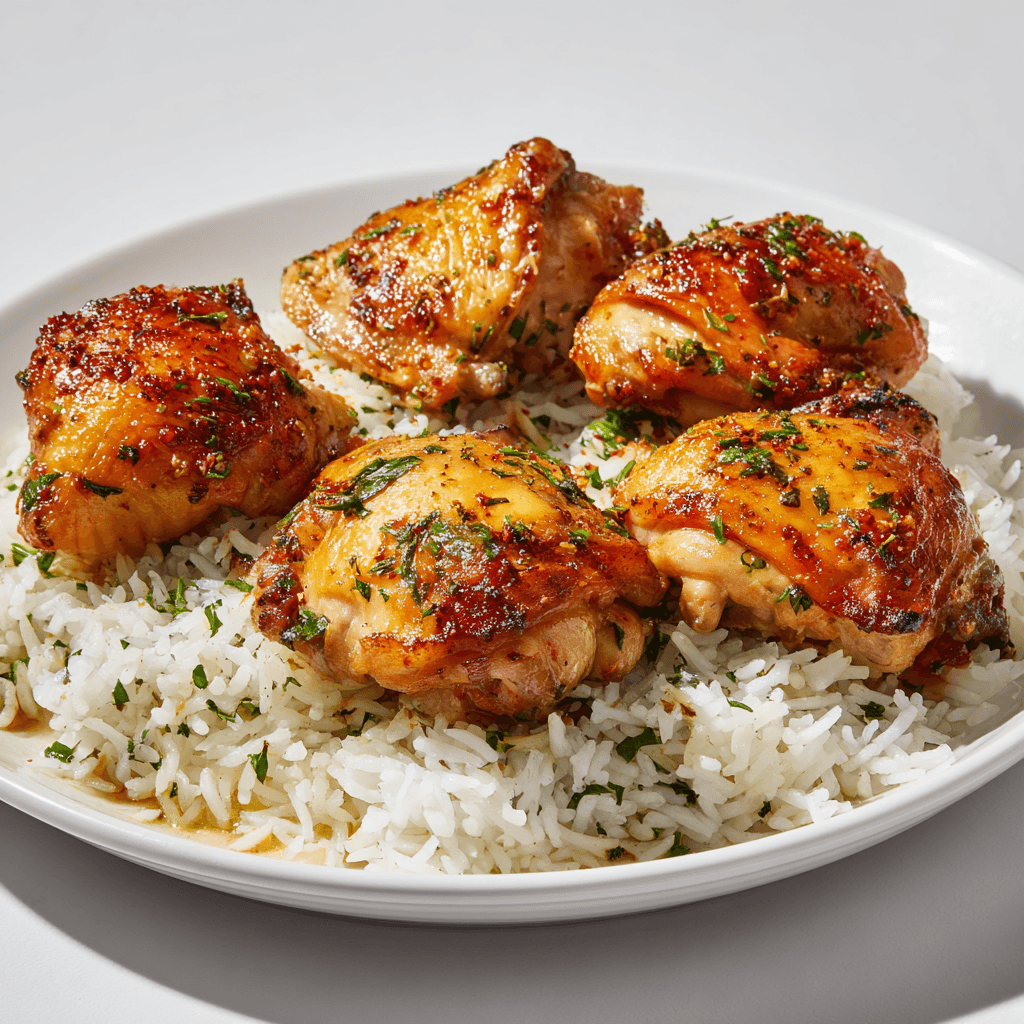 One Pot Chicken and Rice – Easy, Flavorful Comfort in One Dish 4 golden chicken with fluffy rice and vegetables on a white plate