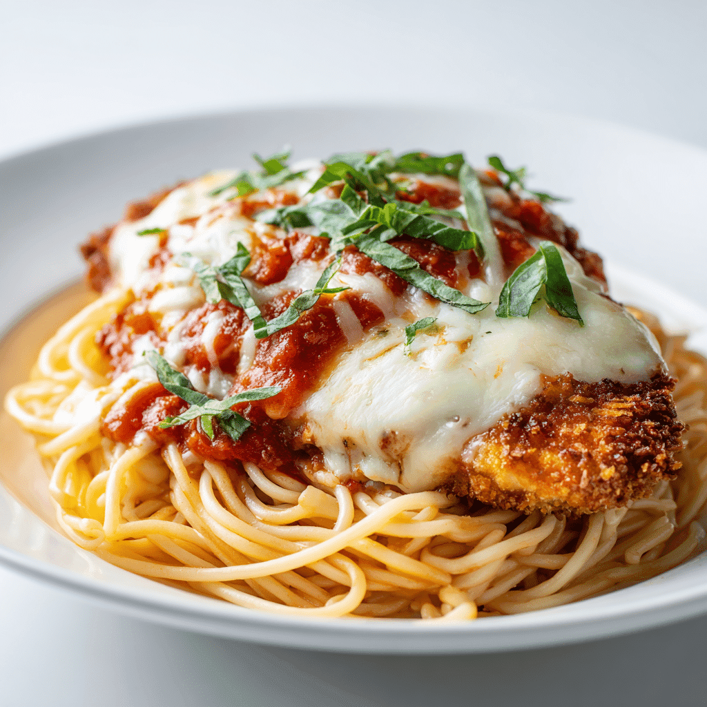 Chicken Parmesan with Spaghetti: Crispy, Cheesy, Classic Comfort 5 Assembled chicken parmesan with mozzarella over spaghetti and marinara.