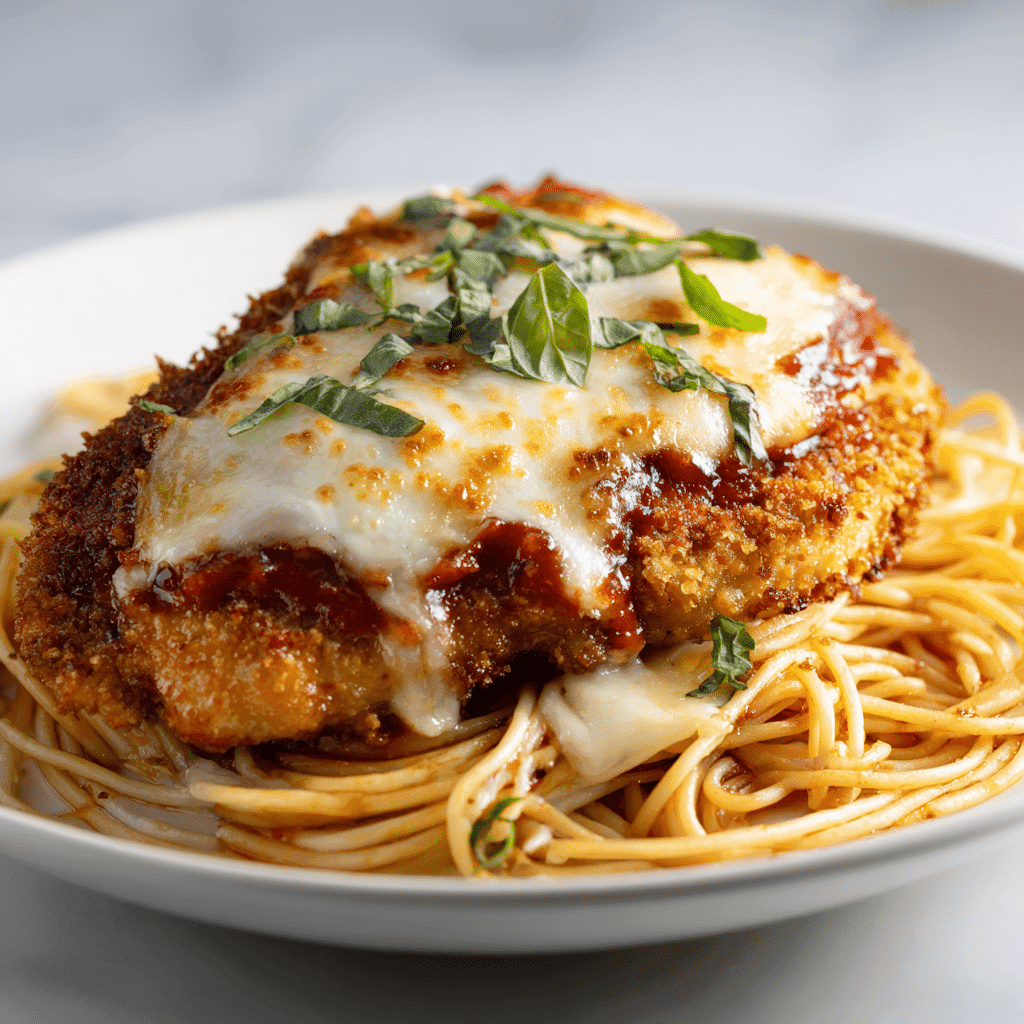 Chicken Parmesan with Spaghetti: Crispy, Cheesy, Classic Comfort 7 Final plated chicken parmesan with spaghetti, bubbling cheese and rich marinara.