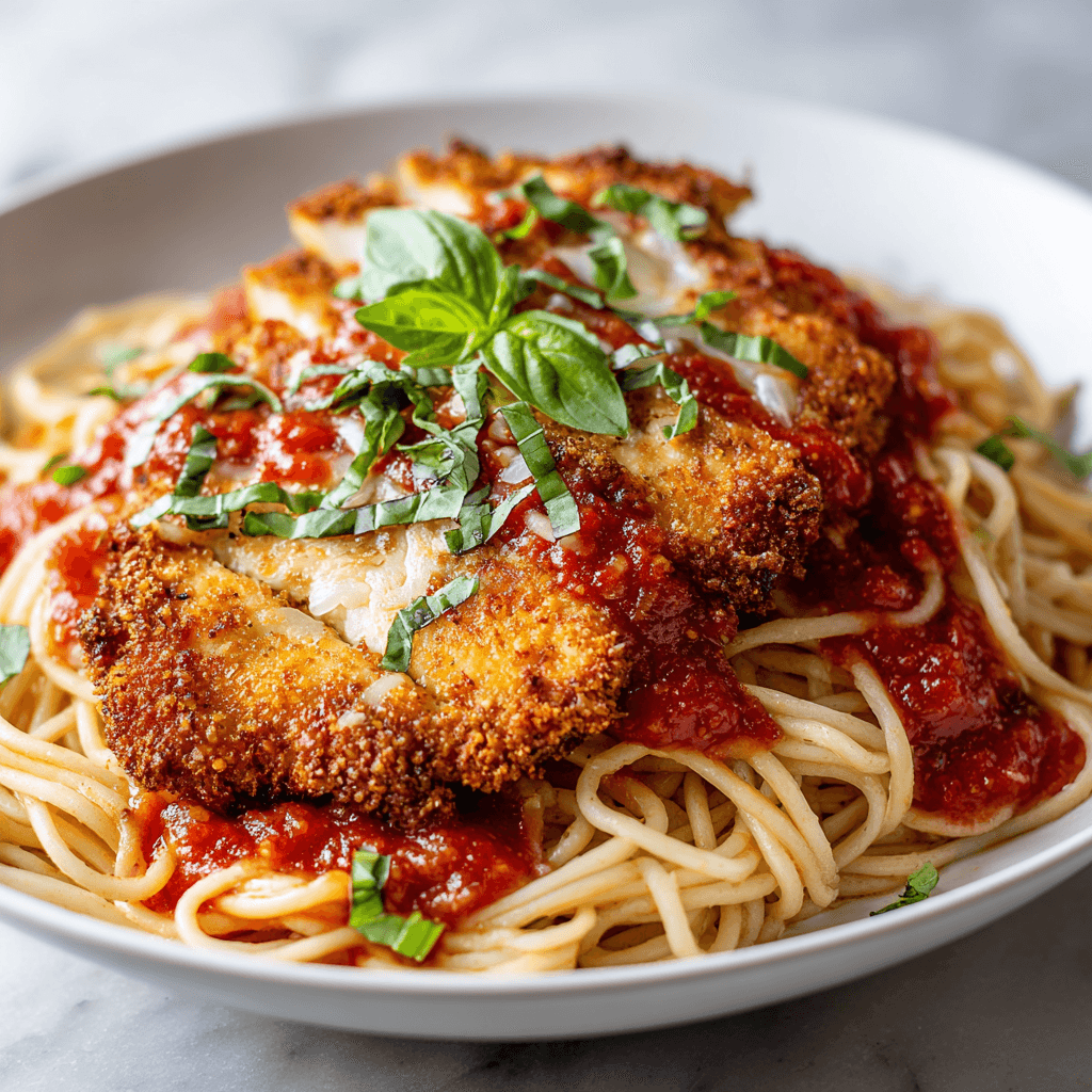 Chicken Parmesan with Spaghetti: Crispy, Cheesy, Classic Comfort 3 Chicken parmesan and spaghetti on a plate, showcasing crispy chicken with sauced pasta.