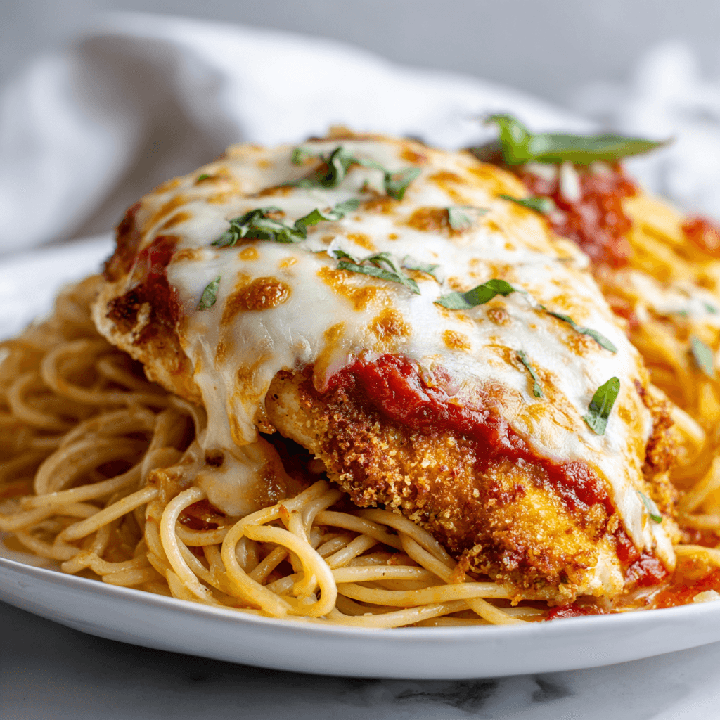 Chicken Parmesan with Spaghetti: Crispy, Cheesy, Classic Comfort 1 Crispy chicken parmesan with spaghetti served on a white plate with marinara and mozzarella.