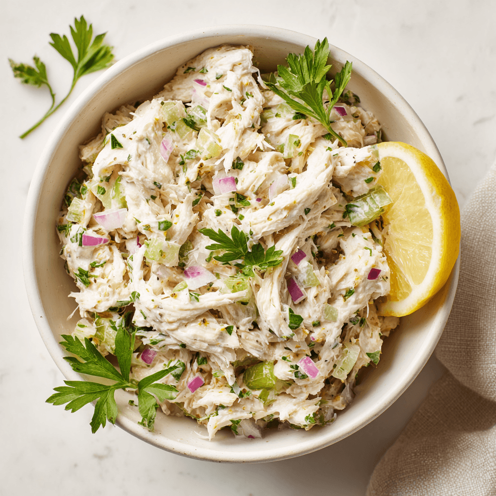 Chicken Salad Recipe That’s Creamy, Crunchy, and Full of Flavor 3 Chicken salad recipe in white bowl with celery, red onion, and creamy dressing