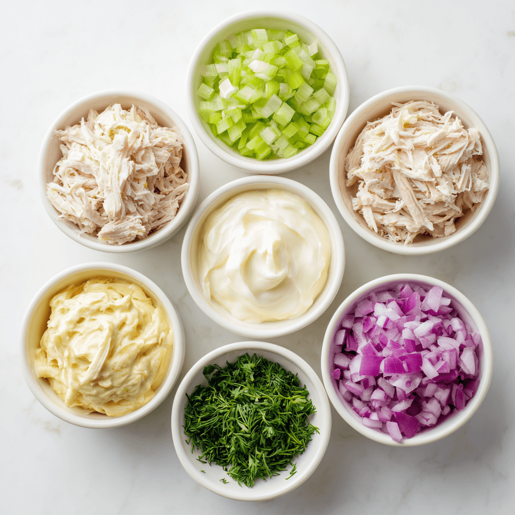 Chicken Salad Recipe That’s Creamy, Crunchy, and Full of Flavor 4 Ingredients for chicken salad recipe shown in individual bowls