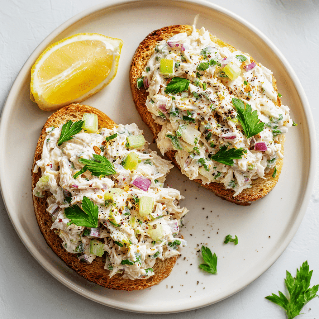 Chicken Salad Recipe That’s Creamy, Crunchy, and Full of Flavor 5 Chicken salad served on toasted sourdough bread with fresh herbs