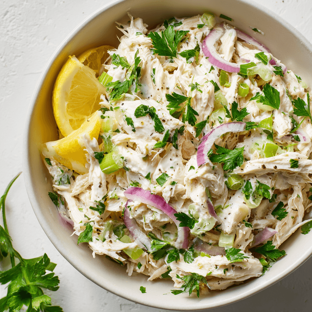 Chicken salad recipe with shredded chicken, celery, and creamy dressing