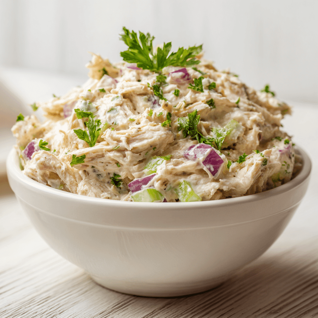 Chicken Salad Recipe That’s Creamy, Crunchy, and Full of Flavor 6 Creamy chicken salad in a white bowl with fresh herbs.