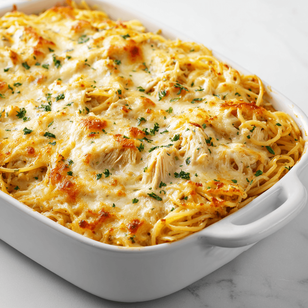 Chicken Spaghetti Casserole Recipe: Comfort Food Made Easy 1 Chicken spaghetti casserole recipe with golden cheese in a white baking dish