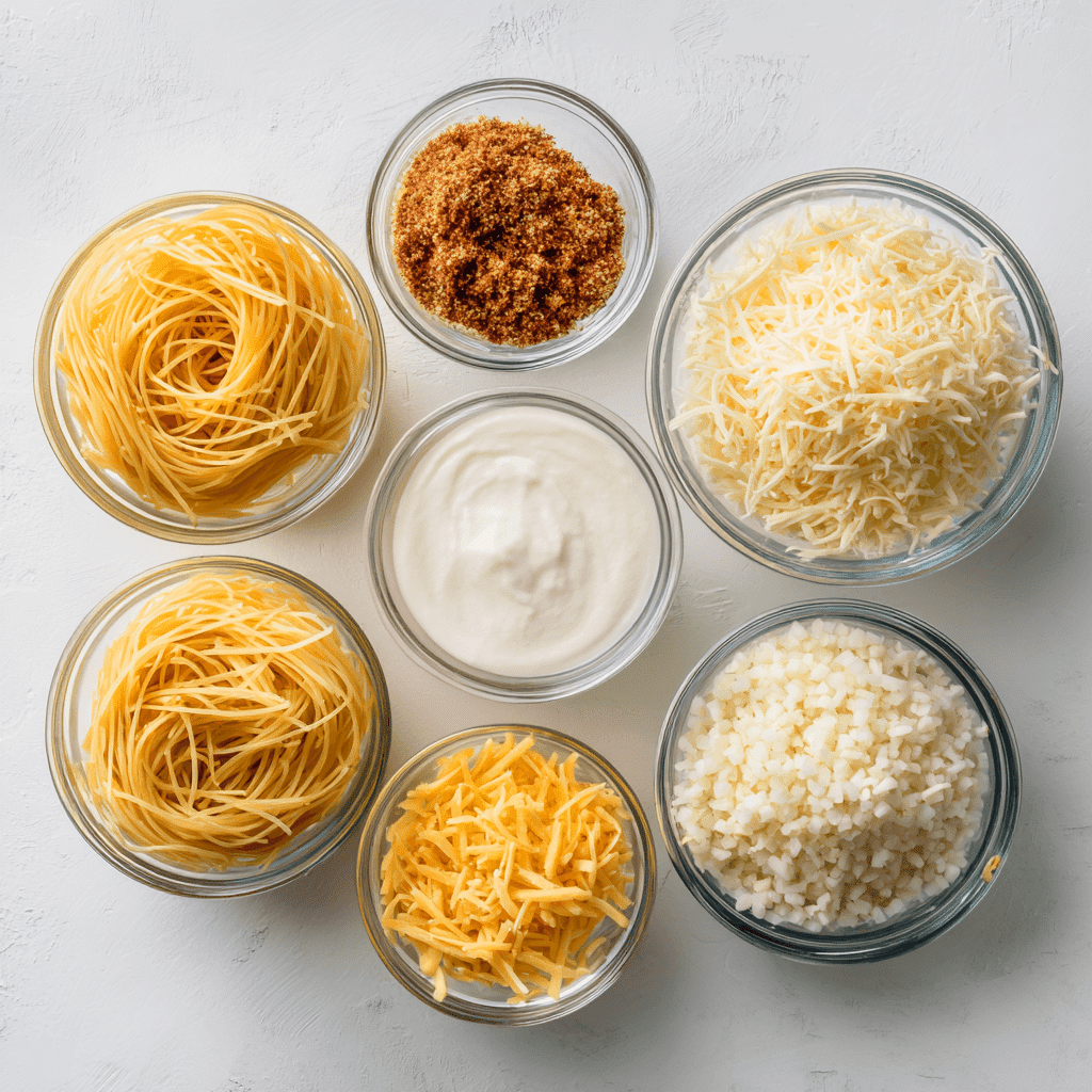 Chicken Spaghetti Casserole Recipe: Comfort Food Made Easy 4 Chicken spaghetti casserole ingredients in glass bowls on white background