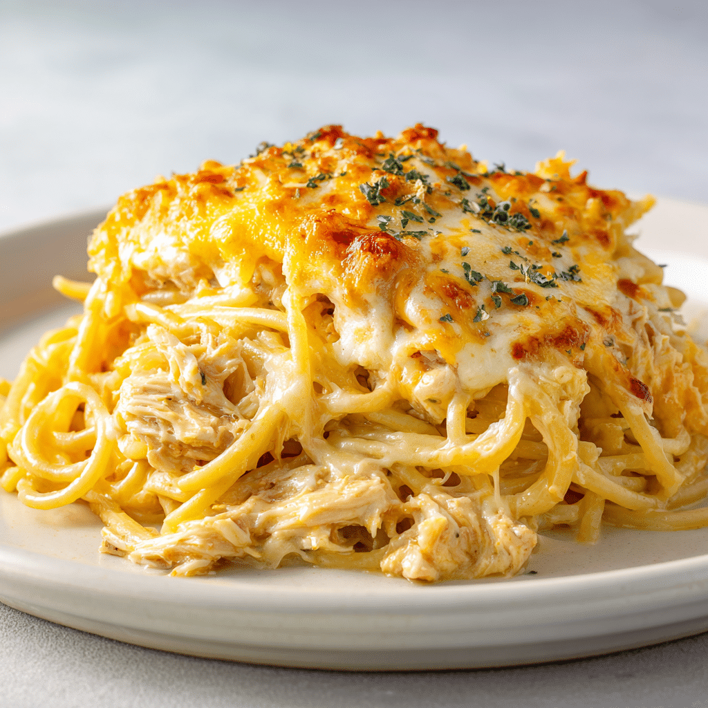 Chicken Spaghetti Casserole Recipe: Comfort Food Made Easy 5 Perfectly plated chicken spaghetti casserole with golden melted cheese