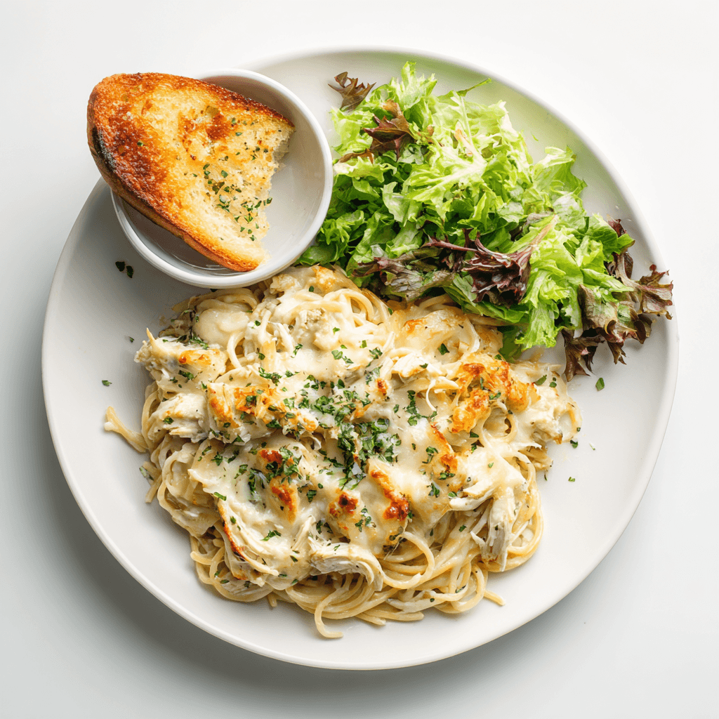 Chicken Spaghetti Casserole Recipe: Comfort Food Made Easy 6 Chicken spaghetti casserole served with salad and garlic bread