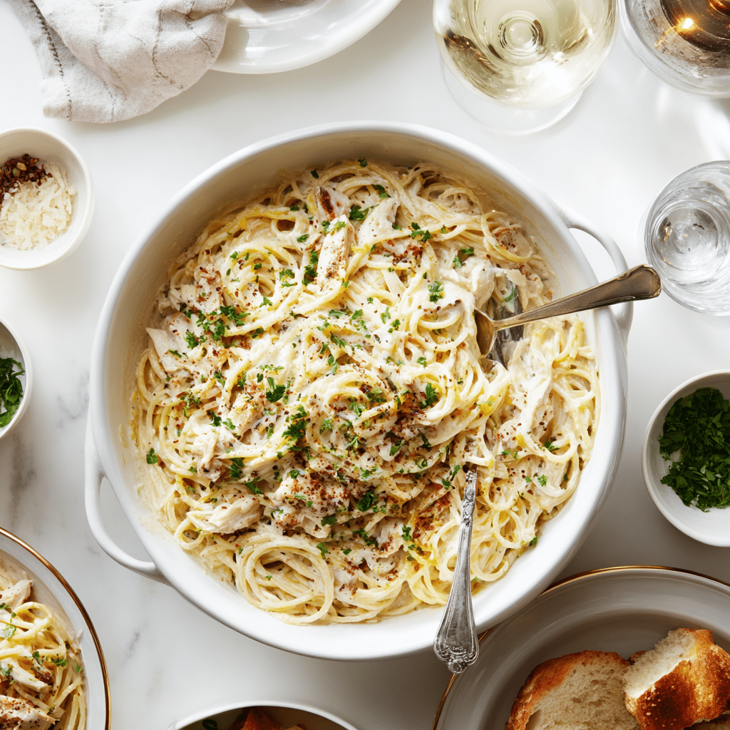 Ultimate Chicken Spaghetti - Easy To Make ! 9 Comforting chicken spaghetti meal served family-style in a white bowl