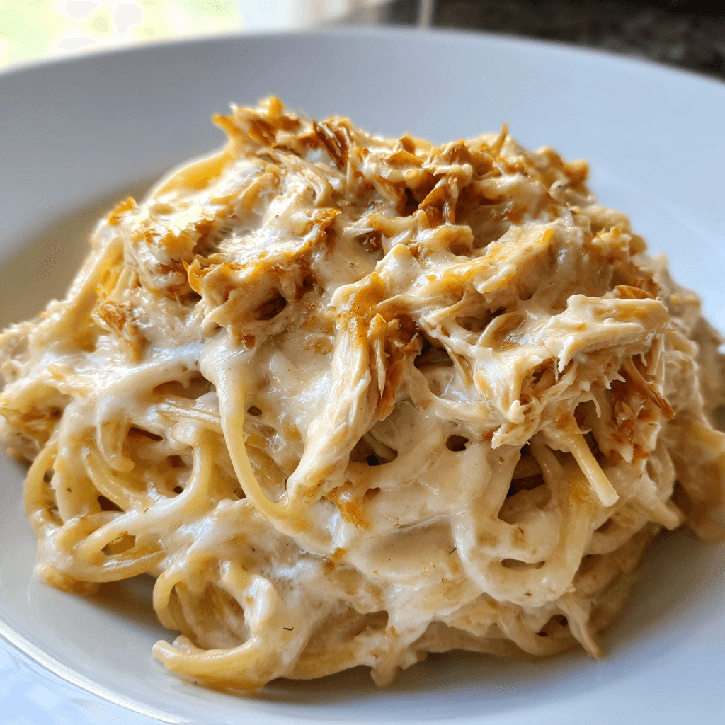 Chicken Spaghetti with Cream Cheese: Creamy Comfort Made Easy 1 Close-up of creamy chicken spaghetti with cream cheese on a white plate.