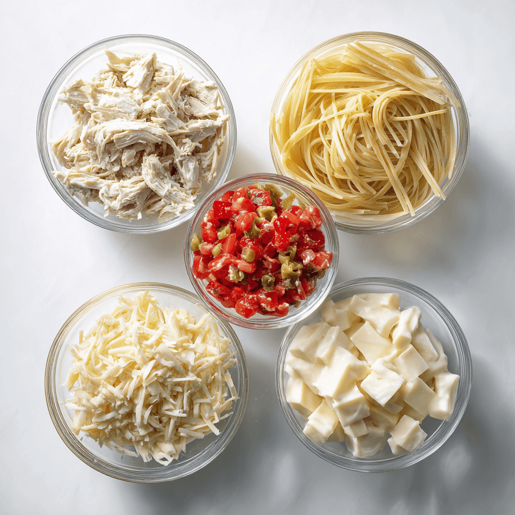 Ultimate Chicken Spaghetti - Easy To Make ! 4 Ingredients for chicken spaghetti in clear glass bowls including Velveeta, Rotel, and shredded chicken