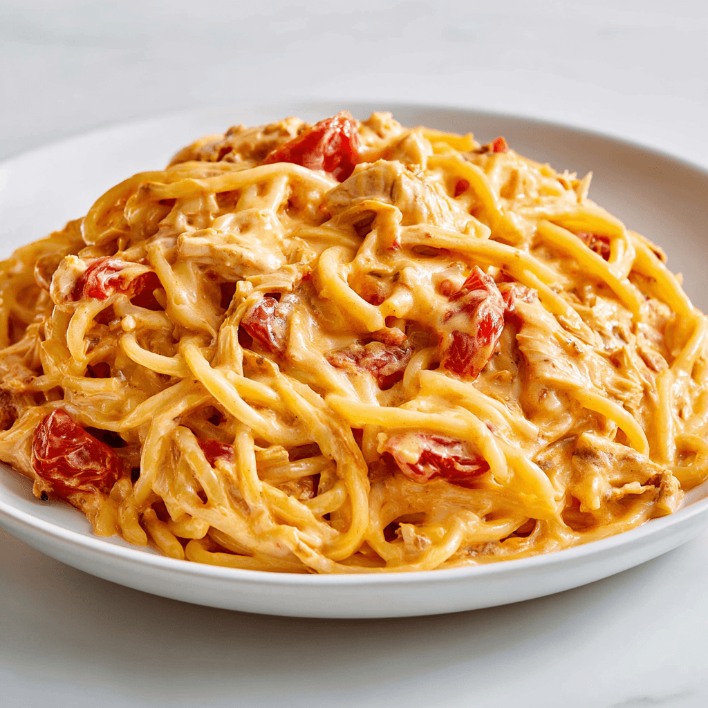 Ultimate Chicken Spaghetti - Easy To Make ! 1 Close-up of creamy chicken spaghetti recipe with Rotel and Velveeta on a white plate