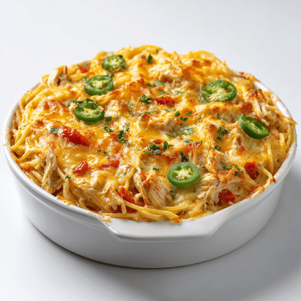 Baked Chicken Spaghetti Recipe for the Ultimate Comfort Meal 5 Tex-Mex inspired baked chicken spaghetti with jalapeños and peppers