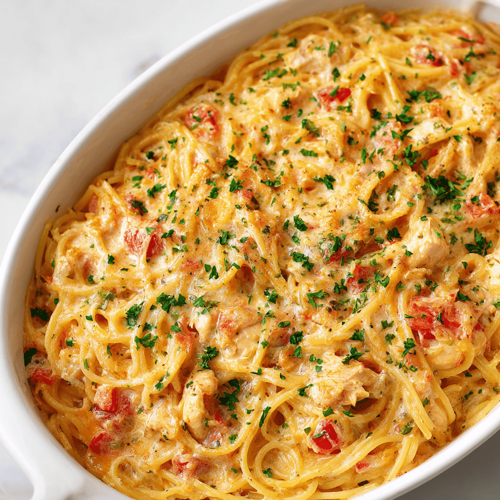 Chicken Spaghetti Recipe with Rotel – Easy Comfort Food 1 Creamy chicken spaghetti recipe with Rotel in a white baking dish