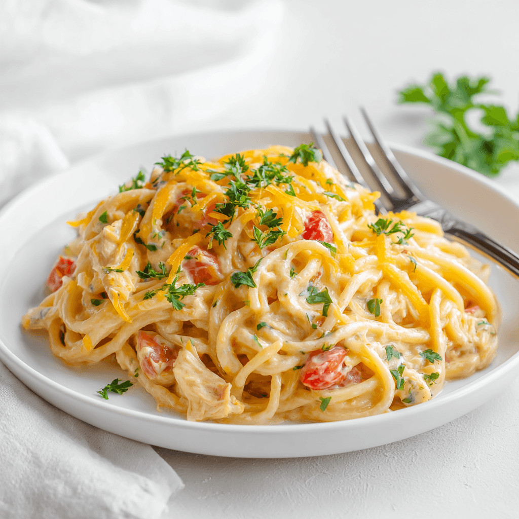 Chicken Spaghetti Recipe with Rotel – Easy Comfort Food 5 Final serving of chicken spaghetti with Rotel on white plate