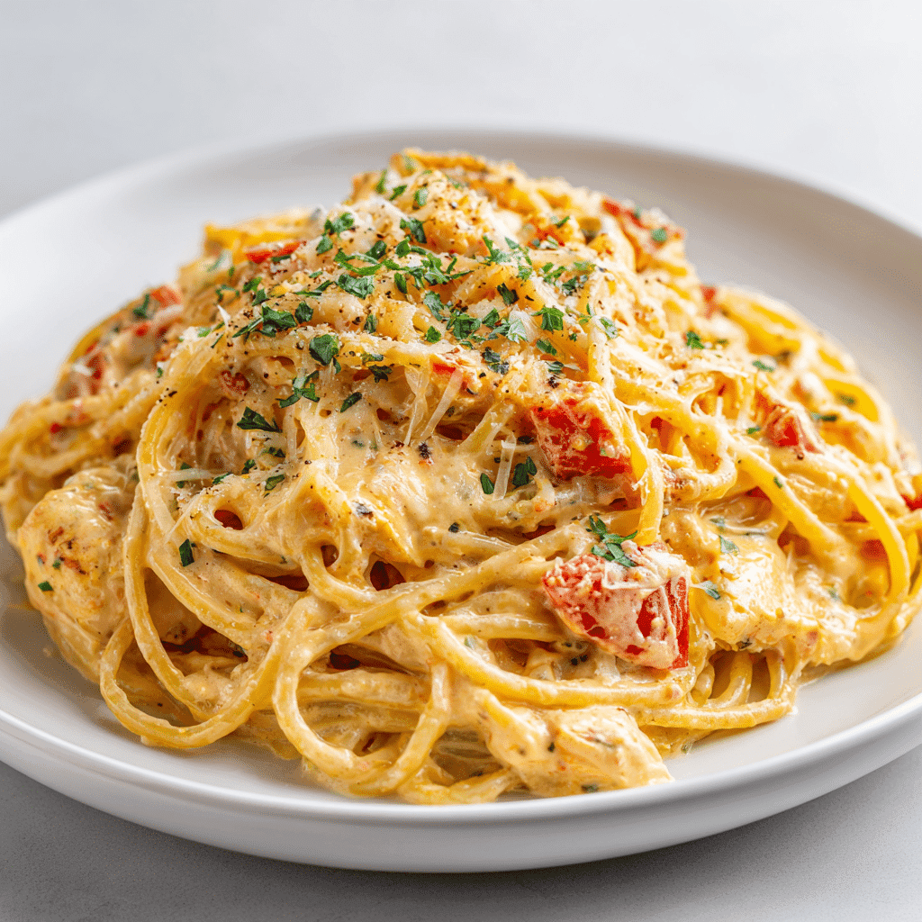 Chicken Spaghetti Recipe with Rotel – Easy Comfort Food 3 Plated chicken spaghetti with Rotel showing creamy sauce and chilies