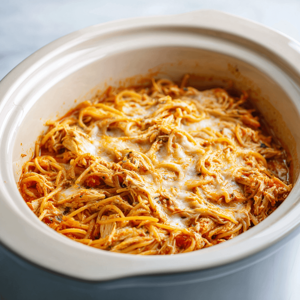 Crockpot Chicken Spaghetti Recipe – Easy, Creamy, Family Favorite 4 Slow-cooked chicken spaghetti with rich, cheesy tomato sauce in a crockpot