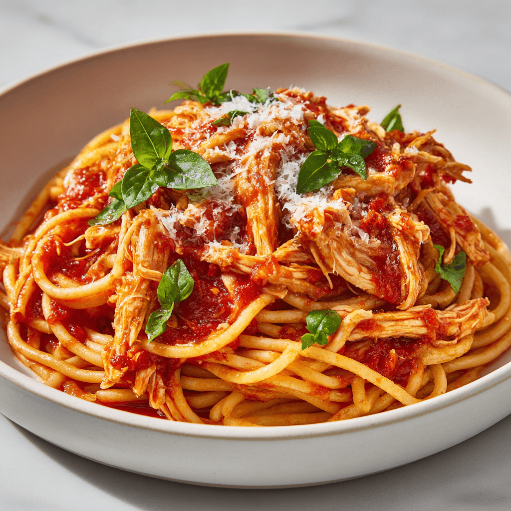 Chicken Spaghetti Sauce Recipe – A Comforting Twist Worth Making 1 Chicken spaghetti sauce recipe served on white plate with basil and Parmesan