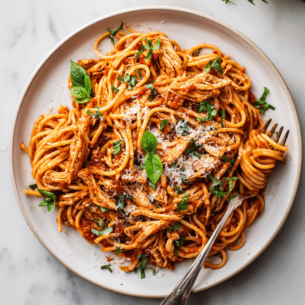 Chicken Spaghetti Sauce Recipe – A Comforting Twist Worth Making 6 Finished plate of chicken spaghetti sauce with basil and Parmesan