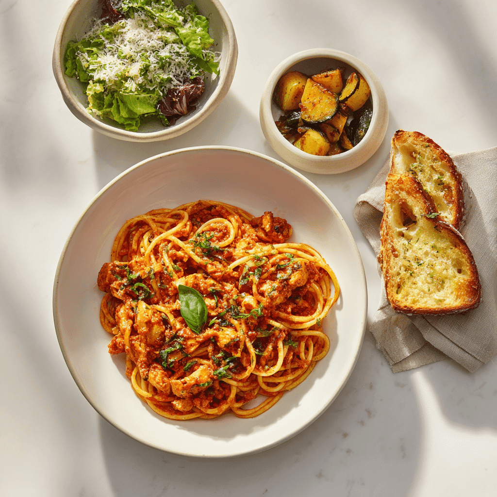 Chicken Spaghetti Sauce Recipe – A Comforting Twist Worth Making 5 Chicken spaghetti sauce served with garlic bread, salad, and roasted vegetables