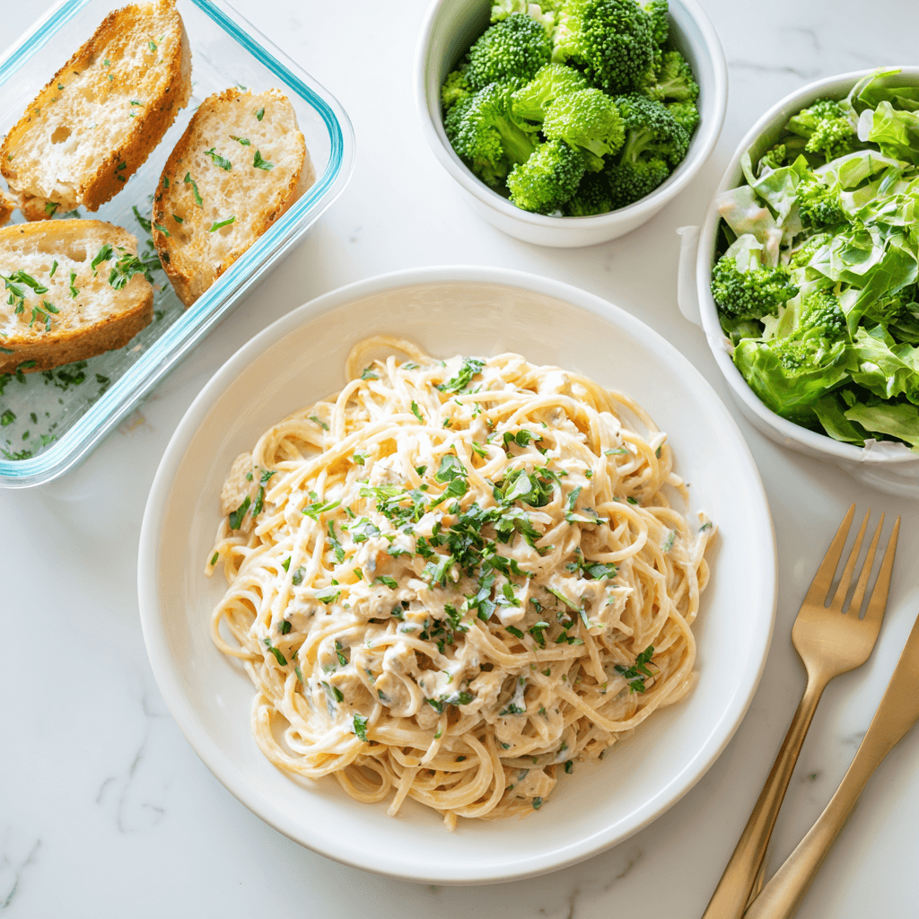 Ultimate Chicken Spaghetti - Easy To Make ! 8 Chicken spaghetti served with garlic bread, salad, broccoli, and leftovers packed
