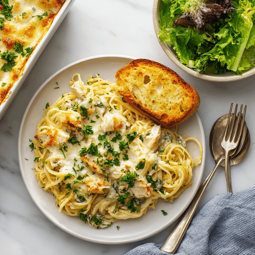 Baked Chicken Spaghetti Recipe for the Ultimate Comfort Meal 6 Baked chicken spaghetti with salad and garlic bread on white background