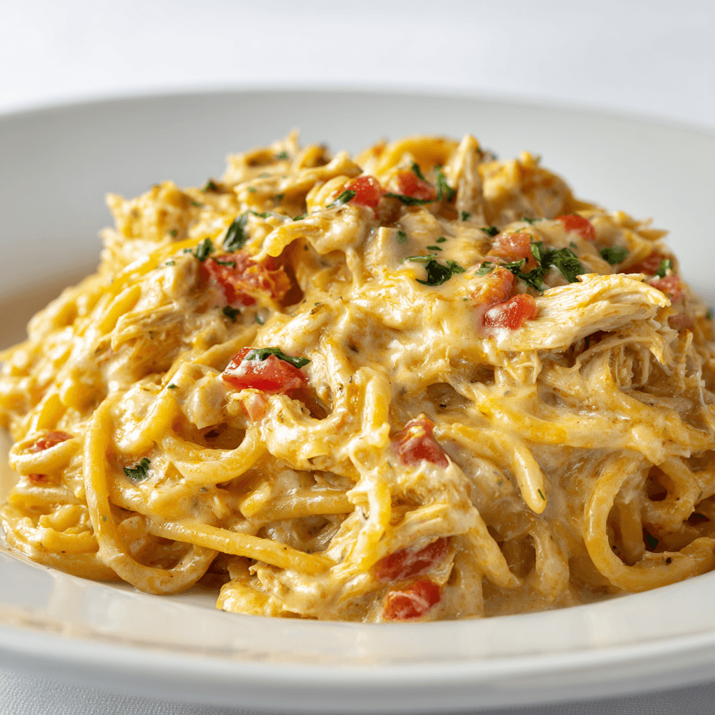 Chicken Spaghetti with Velveeta served on a white plate with creamy cheese sauce