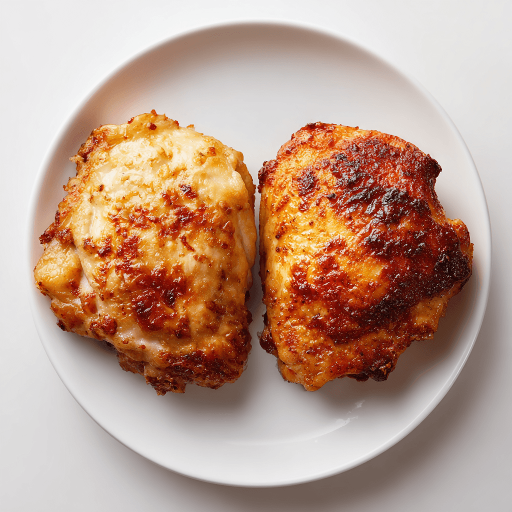 Baked Boneless Chicken Thighs: Juicy, Easy, and Full of Flavor 6 side-by-side comparison of dry overcooked chicken thighs and juicy golden baked chicken thighs on a white plate