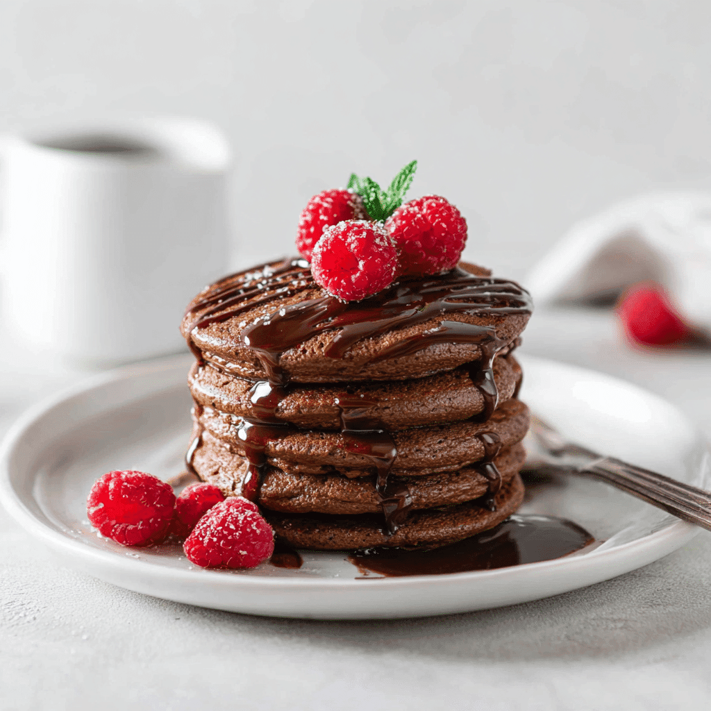 Chocolate Protein Powder Pancakes – Easy, Fluffy, High-Protein Stack 4 Chocolate protein powder pancakes with chocolate drizzle and raspberries on a white plate