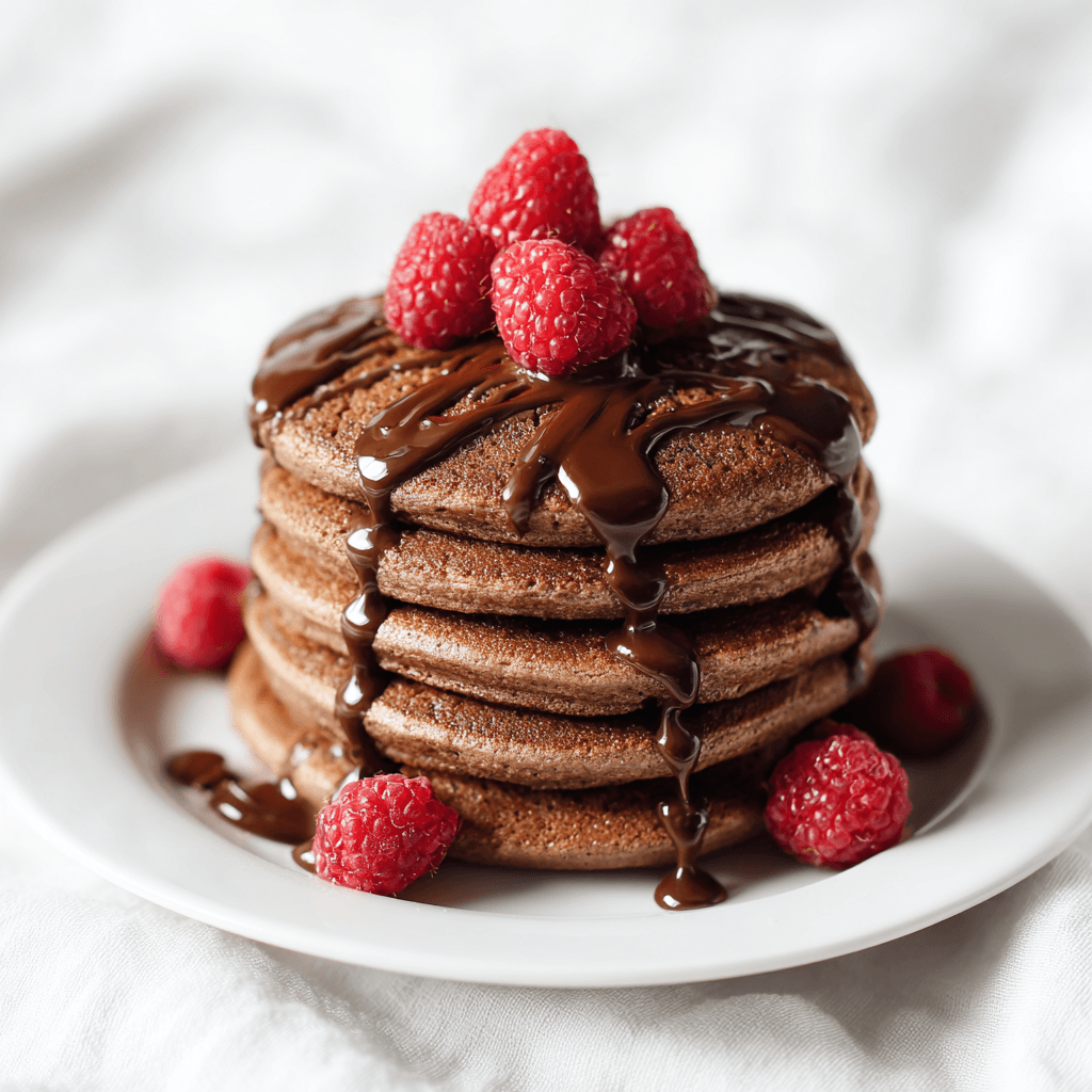 Chocolate Protein Powder Pancakes – Easy, Fluffy, High-Protein Stack 5 Fluffy chocolate protein powder pancakes with chocolate drizzle and raspberries