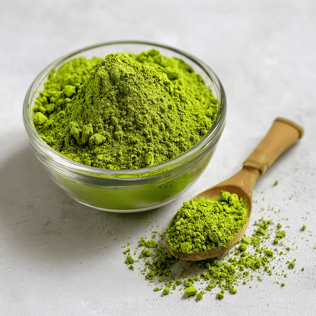 Matcha Latte Cookies – Soft, Chewy & Full of Flavor 4 vibrant ceremonial-grade matcha powder in glass bowl with bamboo scoop on white background