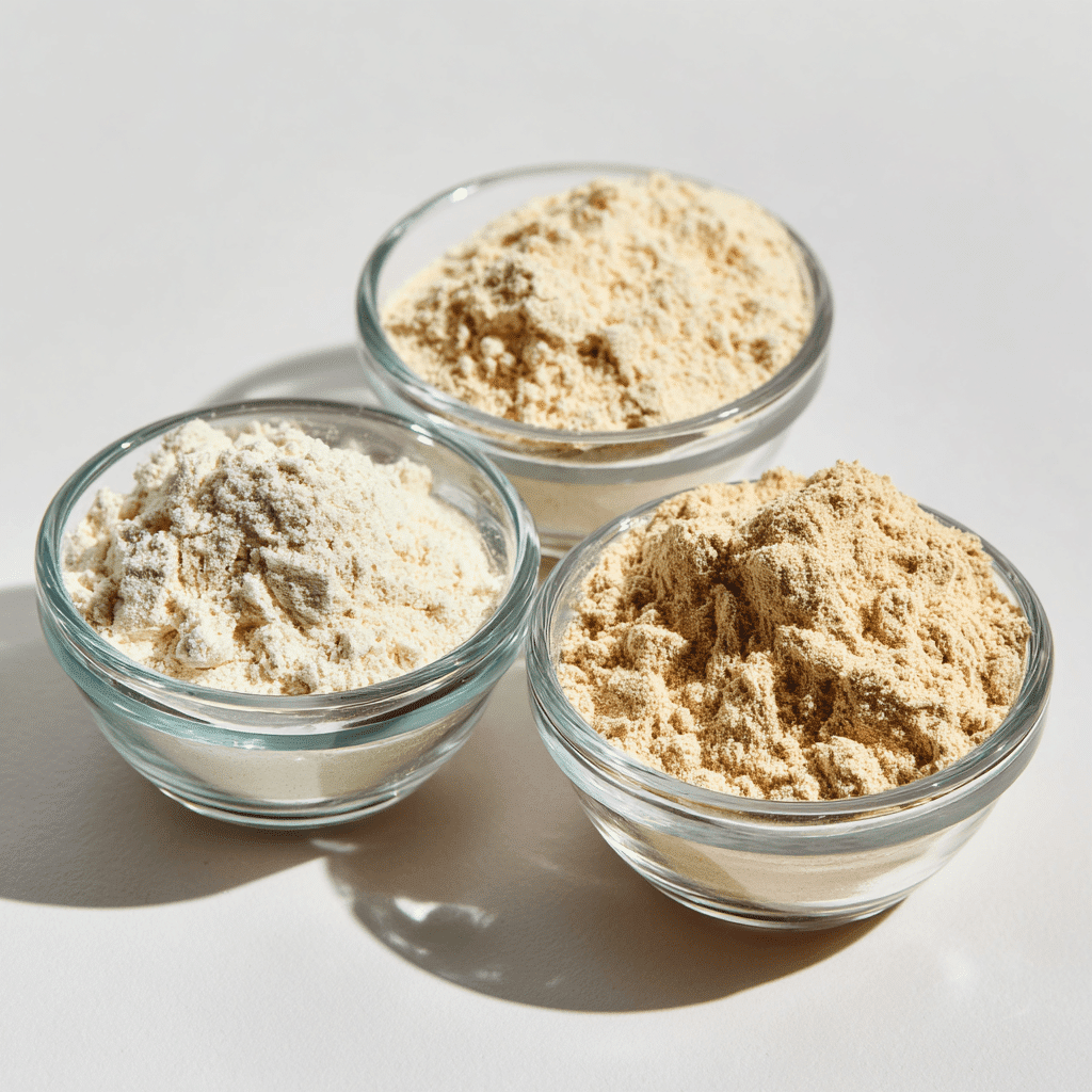 Protein Powder Pancake Recipe for Fluffy, Healthy Mornings 4 Three glass bowls of whey, casein, and plant-based protein powders showing different colors and textures