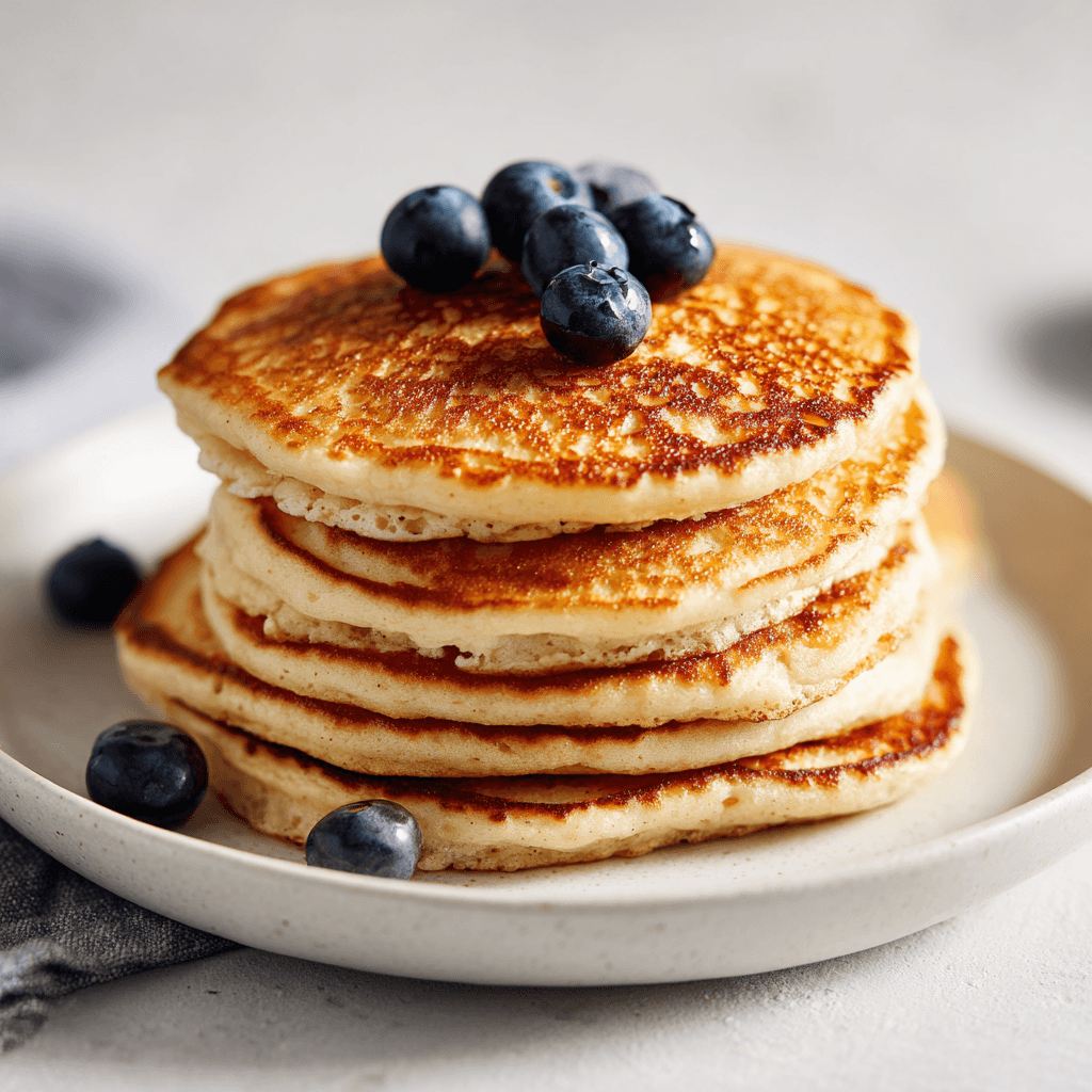 Protein Powder Pancake Recipe for Fluffy, Healthy Mornings 5 Perfectly cooked fluffy protein powder pancakes with blueberries on a white plate