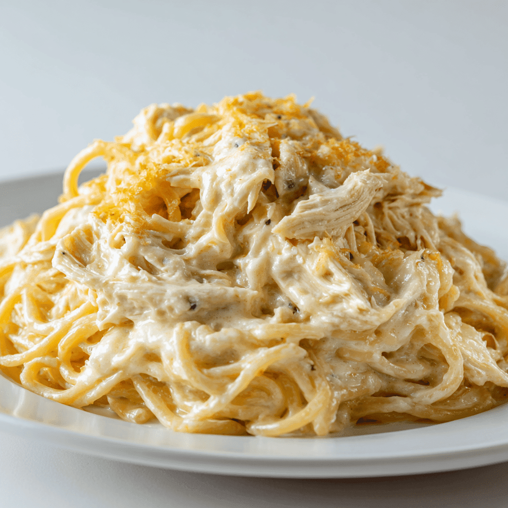 Chicken Spaghetti with Cream Cheese: Creamy Comfort Made Easy 6 Ultra-creamy chicken spaghetti with cream cheese served on a white plate.