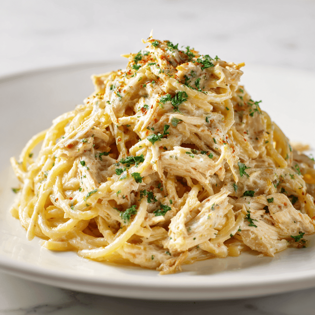 Chicken Spaghetti with Cream Cheese: Creamy Comfort Made Easy 7 Comforting plate of chicken spaghetti with cream cheese, served warm and creamy.