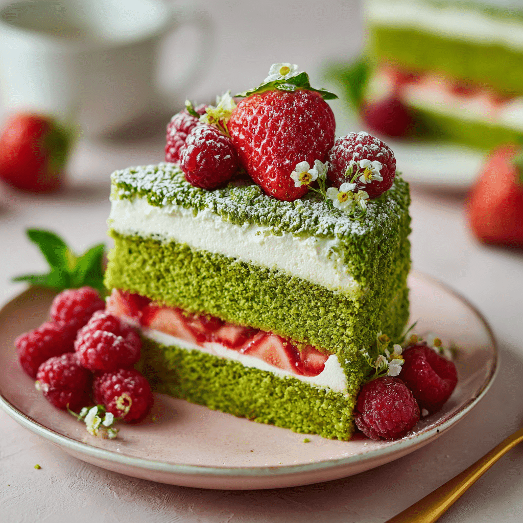 Matcha Cake Recipe – Easy, Vibrant, and Delicious 5 layered matcha cake slice with cream and fresh berries served elegantly