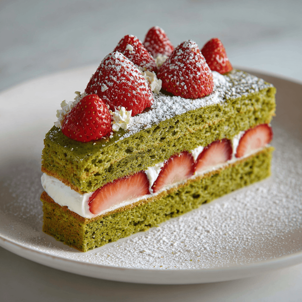 Matcha Sponge Cake Recipe – Light, Fluffy, and Full of Flavor 5 matcha sponge cake slice with whipped cream and strawberries on a white plate