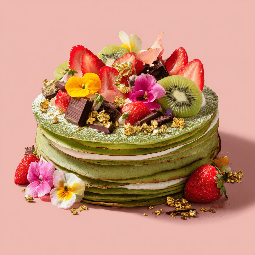 Matcha Crepe Cake Recipe – Elegant Layers with Fresh Flavor 5 decorated matcha crepe cake with fruit, edible flowers, gold leaf, and chocolate shavings on white background
