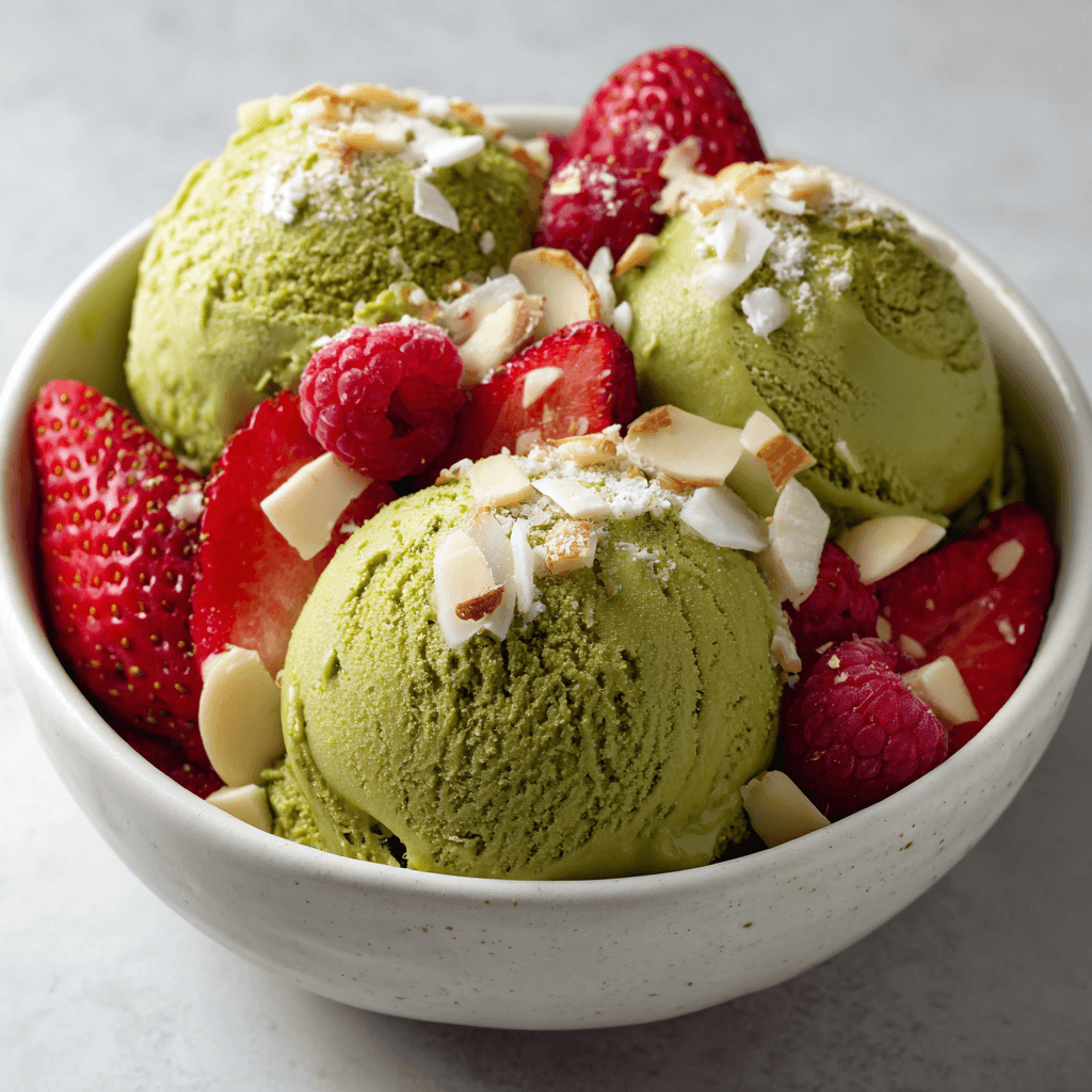 Matcha Ice Cream Recipe – Creamy, Refreshing, and Delicious 6 vibrant green matcha ice cream with berries, coconut, and white chocolate in a white bowl