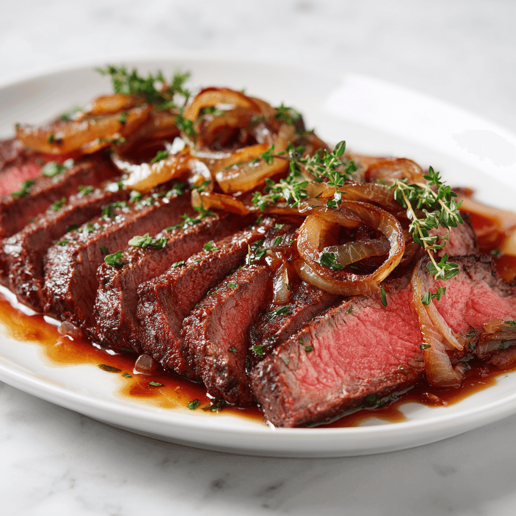 Slow Cooker London Broil Recipe – Tender, Juicy & No-Fuss 7 Slow-cooked London broil sliced and served with onions and juices on white platter
