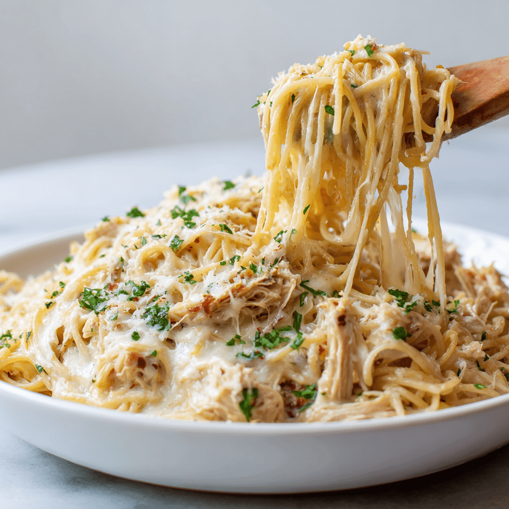 Crockpot Chicken Spaghetti Recipe – Easy, Creamy, Family Favorite 7 Family-style Crockpot Chicken Spaghetti served in a white dish with steam rising