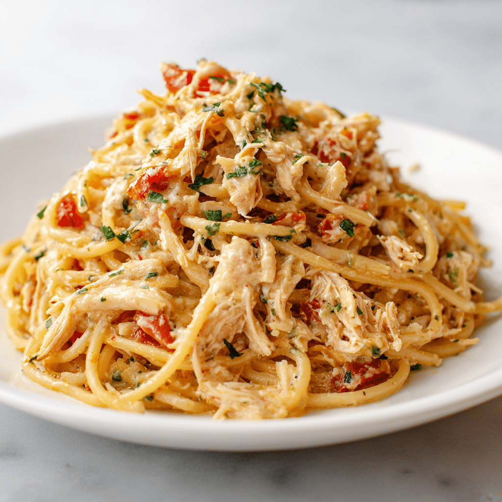 Crockpot Chicken Spaghetti Recipe – Easy, Creamy, Family Favorite 1 Close-up of creamy Crockpot Chicken Spaghetti with cheese and tomatoes on a white plate