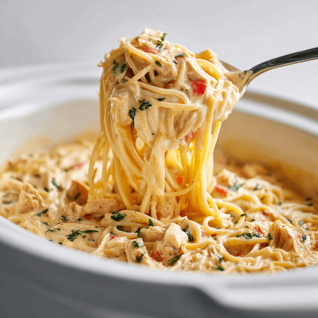 Ultimate Chicken Spaghetti - Easy To Make ! 6 Creamy Crockpot chicken spaghetti with Velveeta and Rotel in a white slow cooker