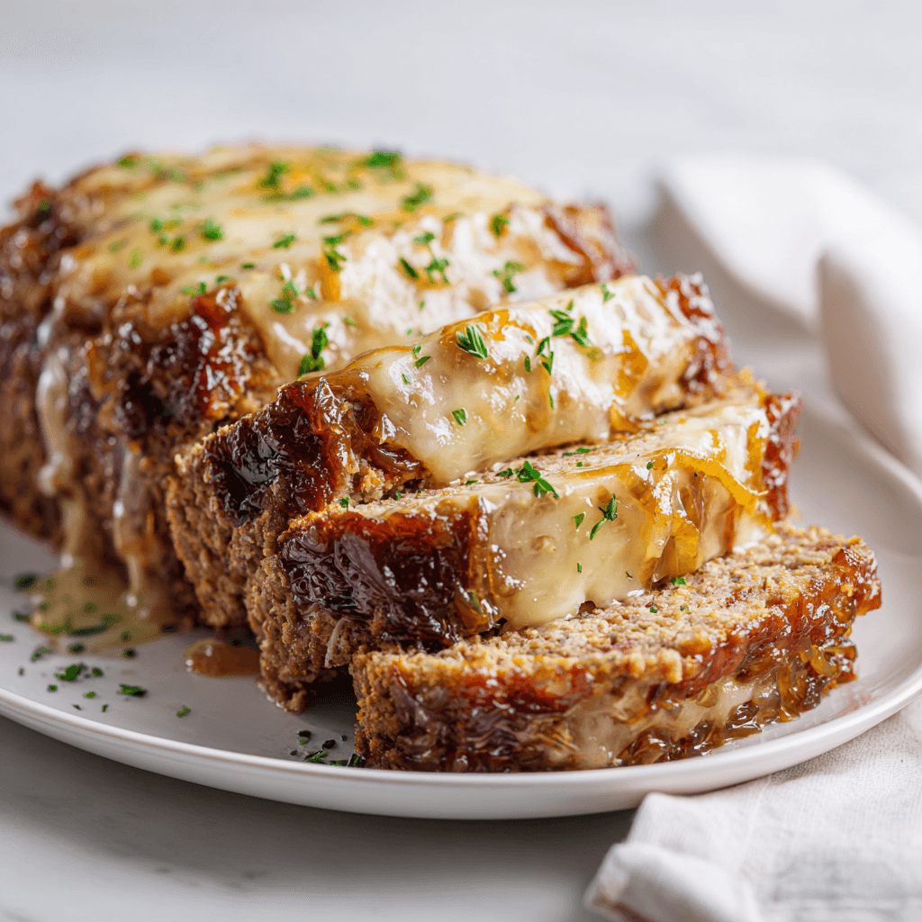 Crockpot French Onion Meatloaf – A Slow-Cooked Comfort Food Classic 1 Close-up of crockpot French onion meatloaf topped with caramelized onions and melted cheese